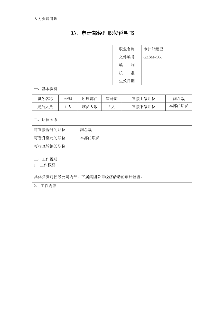 人力资源管理 企业管理 岗位说明 审计部经理职位说明书.docx_第1页