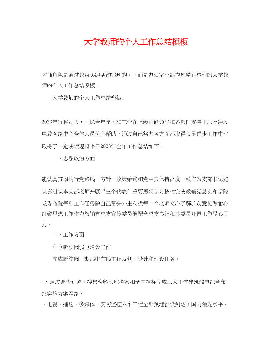 2023年大学教师的个人工作总结模板.docx_第1页