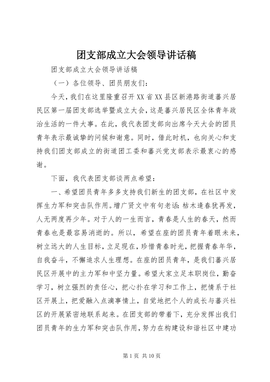 2023年团支部成立大会领导致辞稿.docx_第1页