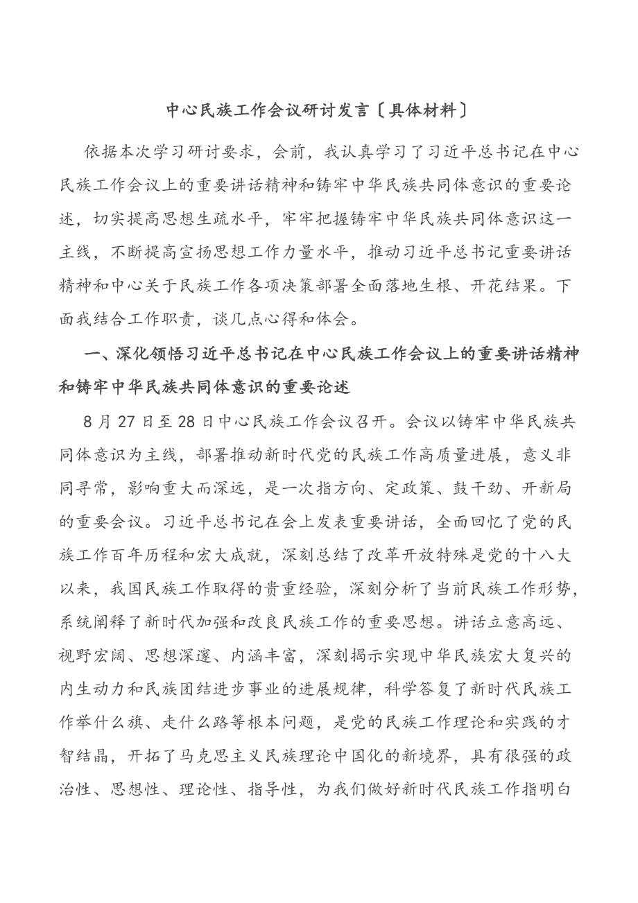 2023年中央民族工作会议研讨发言详细材料.doc_第1页