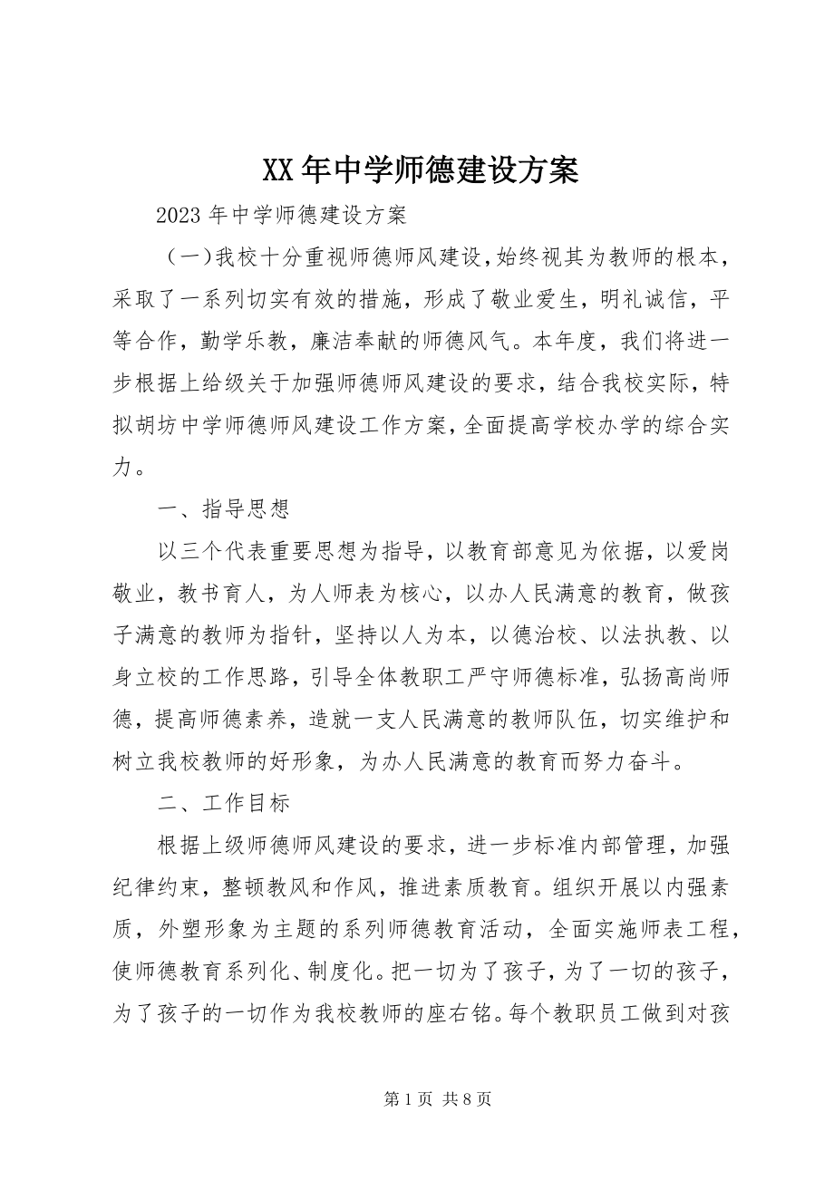 2023年中学师德建设计划.docx_第1页