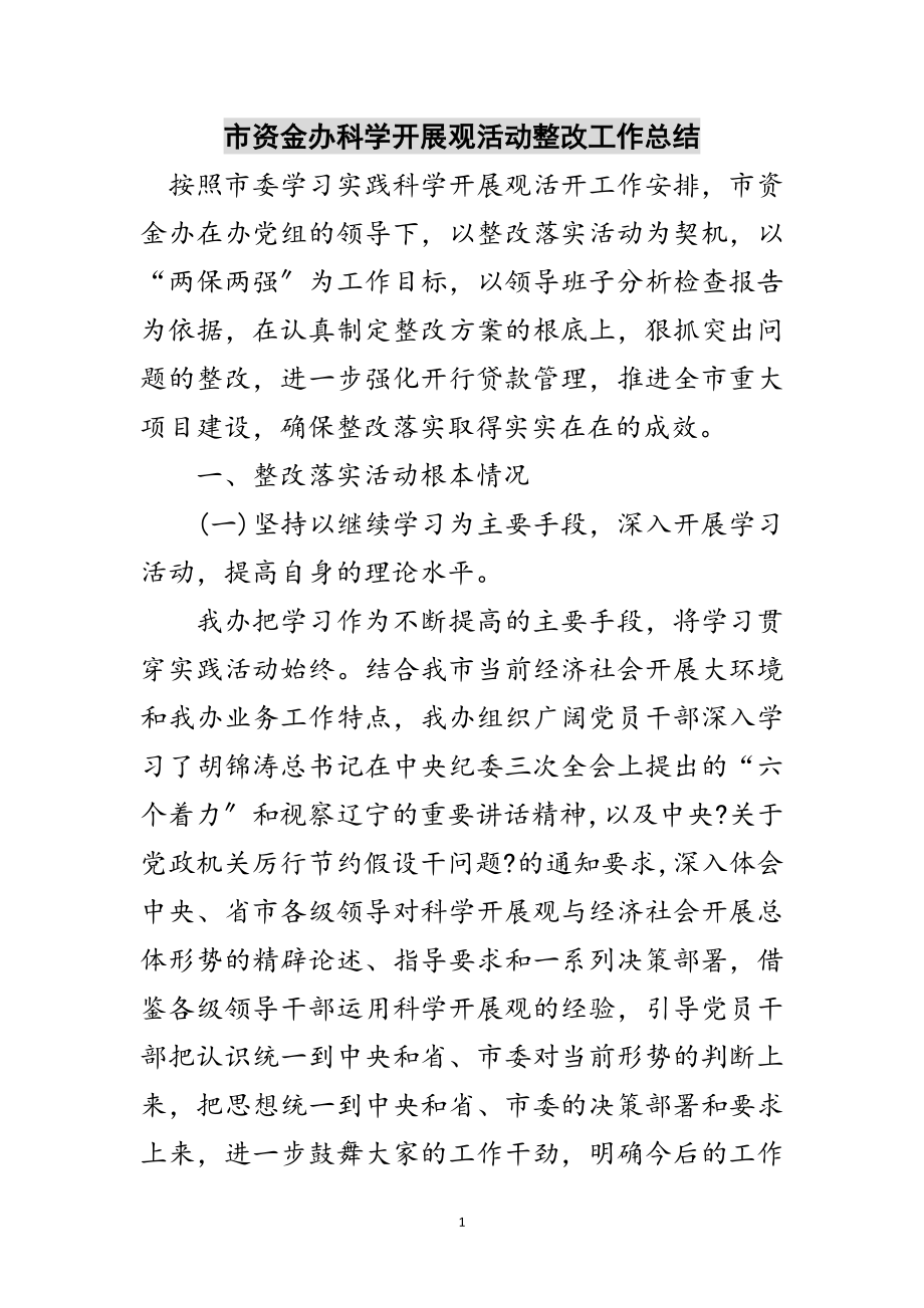 2023年市资金办科学发展观活动整改工作总结范文.doc_第1页