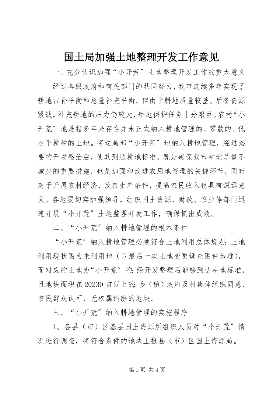 2023年国土局加强土地整理开发工作意见.docx_第1页