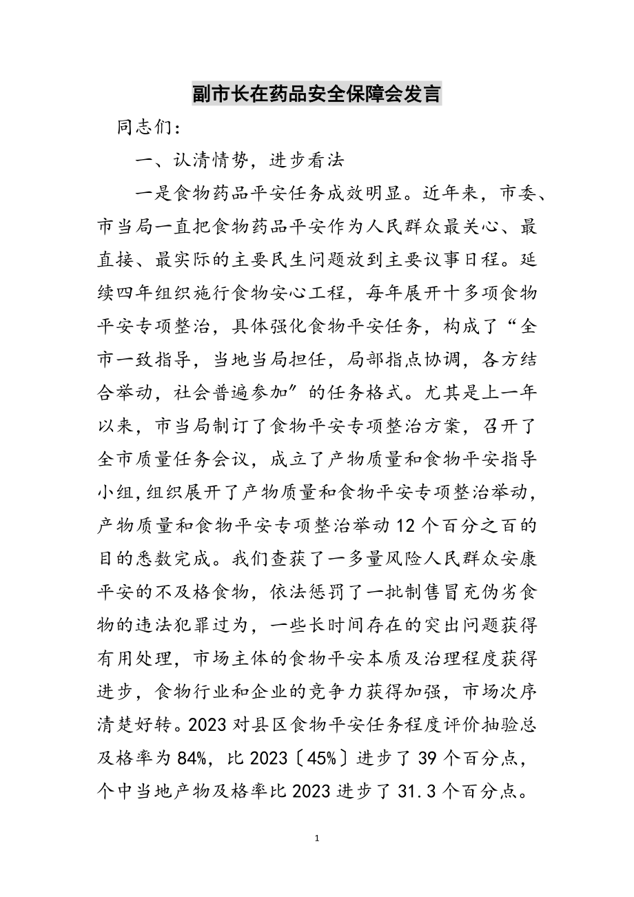 2023年副市长在药品安全保障会发言范文.doc_第1页