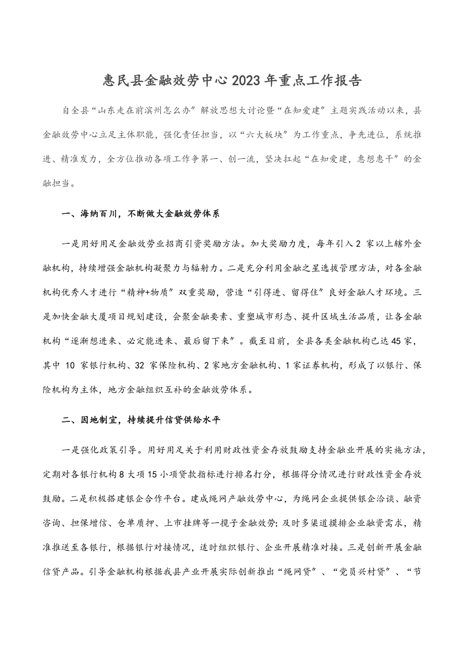 惠民县金融服务中心2023年重点工作报告范文.docx_第1页