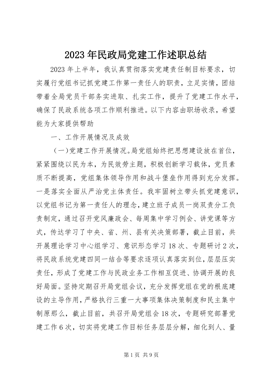 2023年民政局党建工作述职总结.docx_第1页