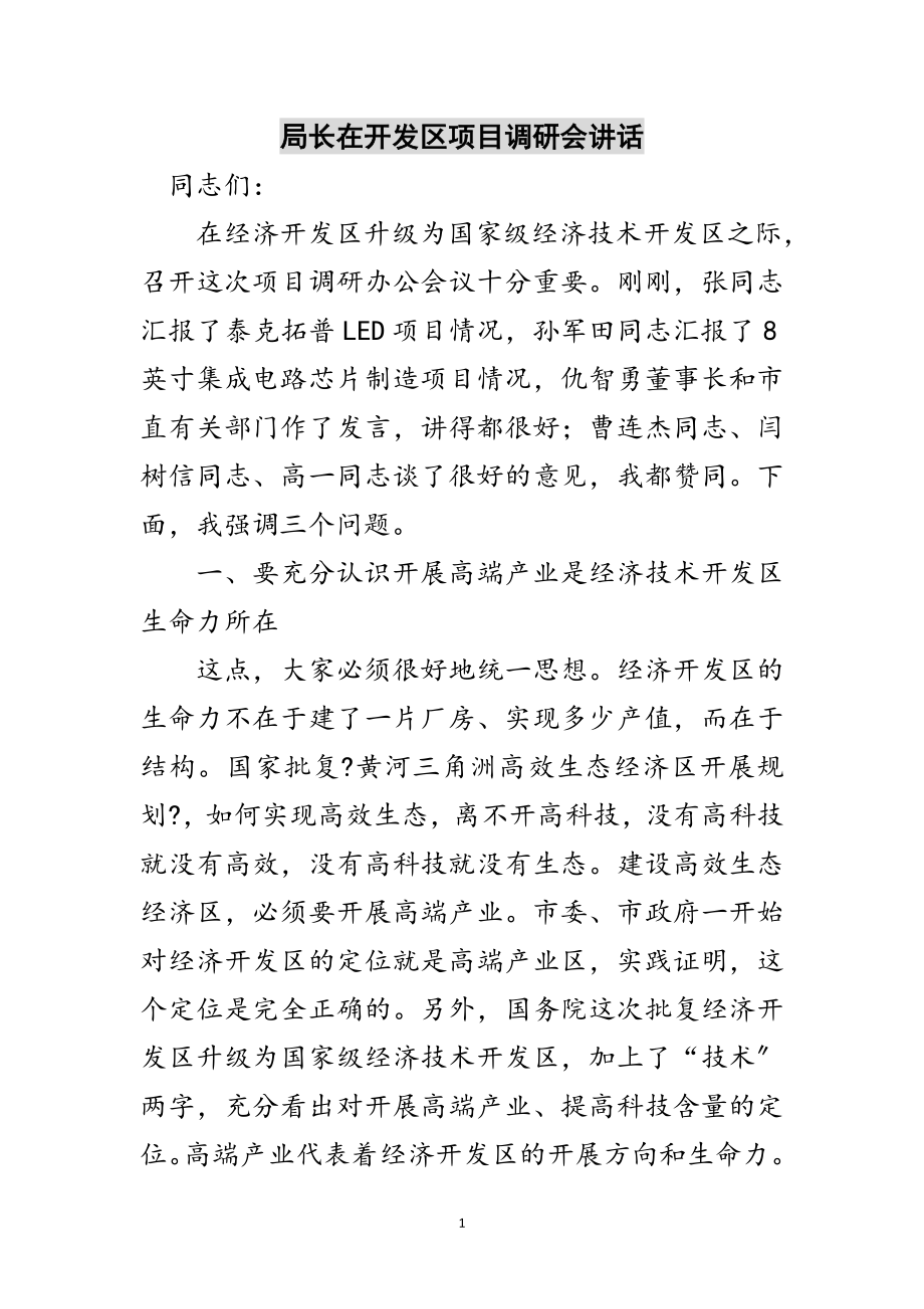 2023年局长在开发区项目调研会讲话范文.doc_第1页