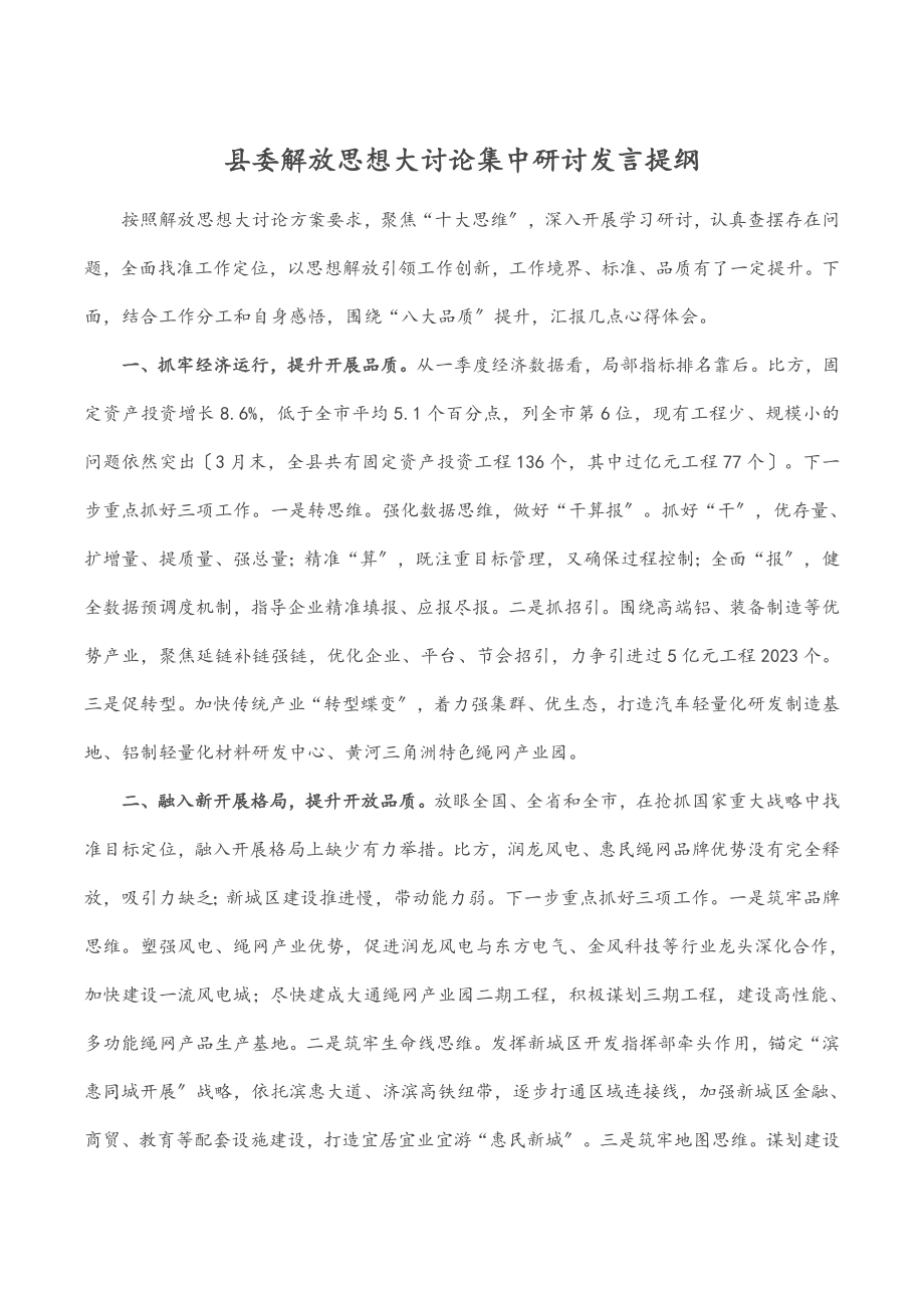 县委解放思想大讨论集中研讨发言提纲范文.docx_第1页