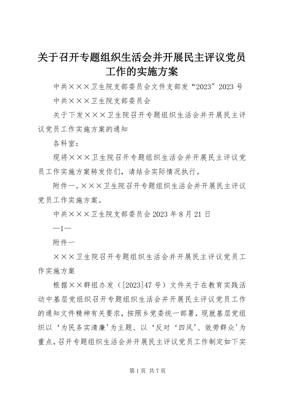 2023年召开专题组织生活会并开展民主评议党员工作的实施方案.docx_第1页