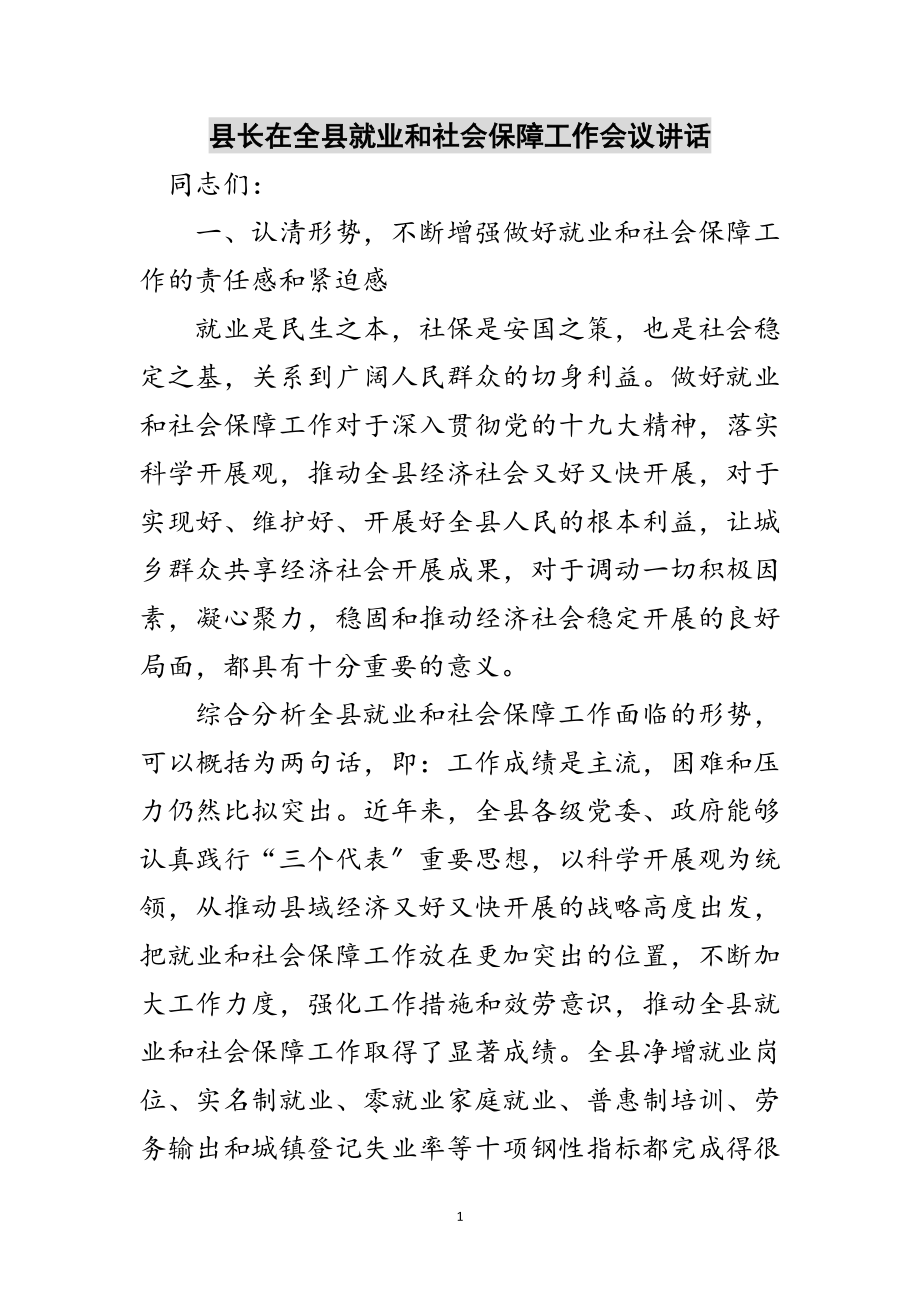 2023年县长在全县就业和社会保障工作会议讲话范文.doc_第1页