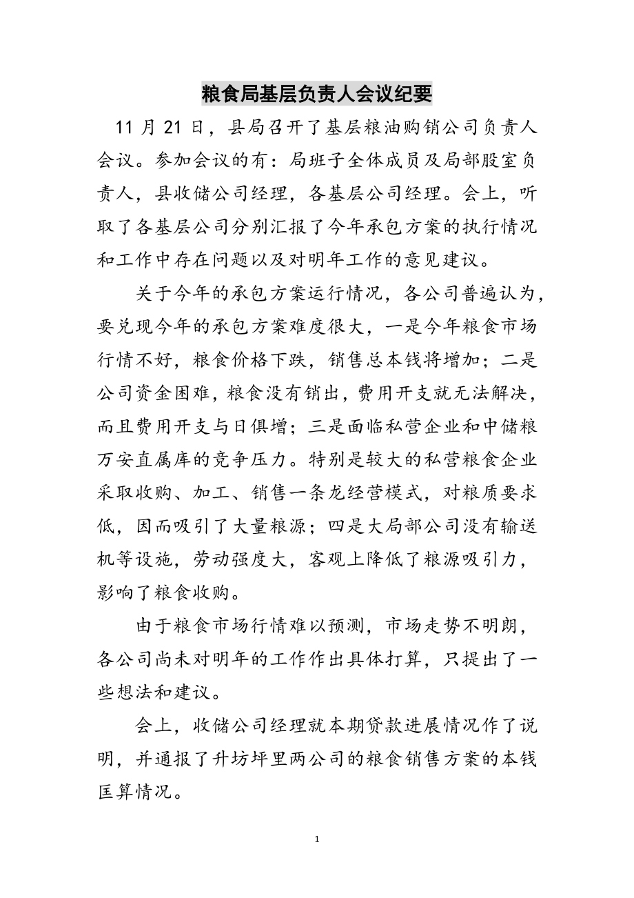 2023年粮食局基层负责人会议纪要范文.doc_第1页