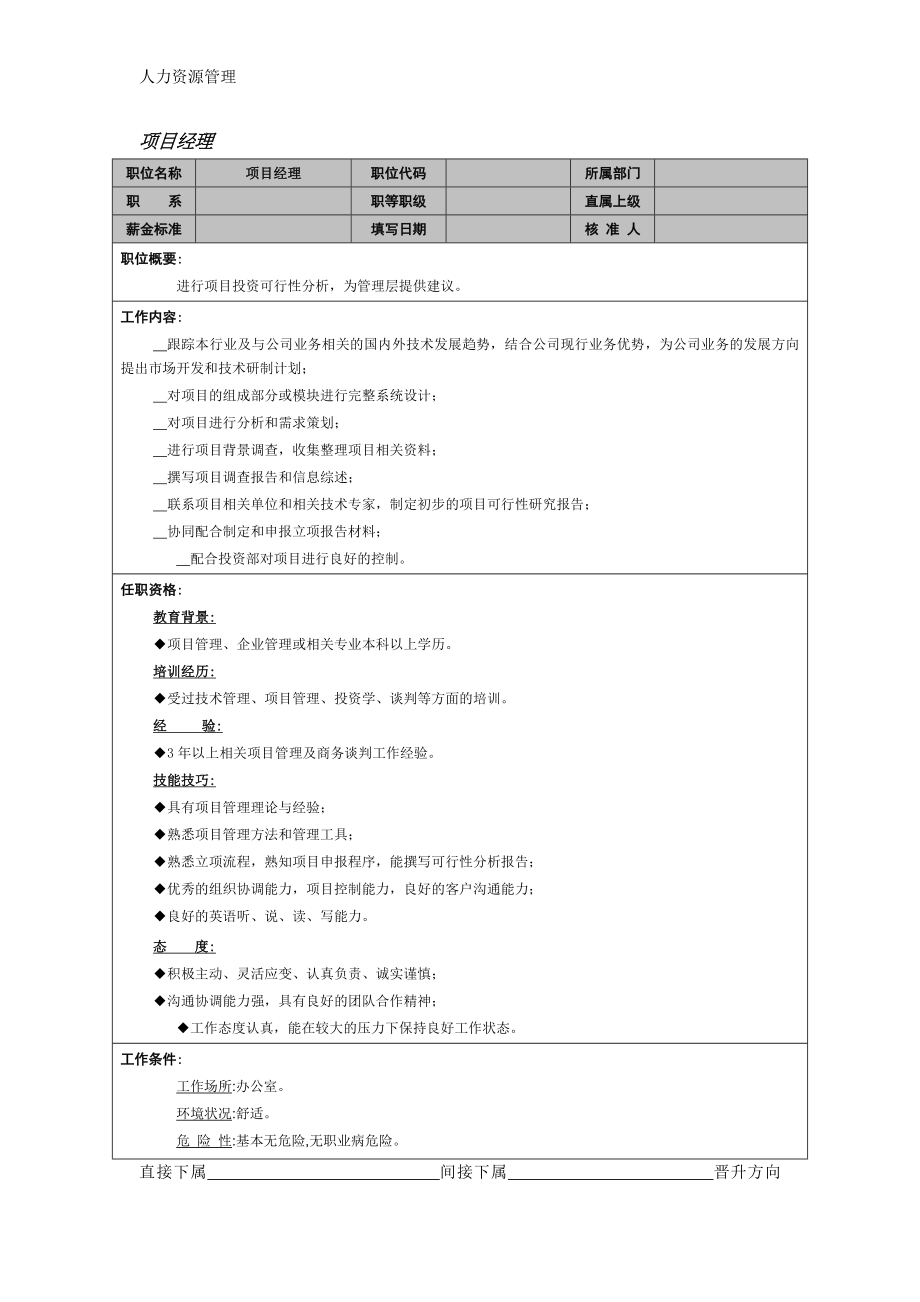 人力资源管理 企业管理 岗位说明 项目经理.docx_第1页