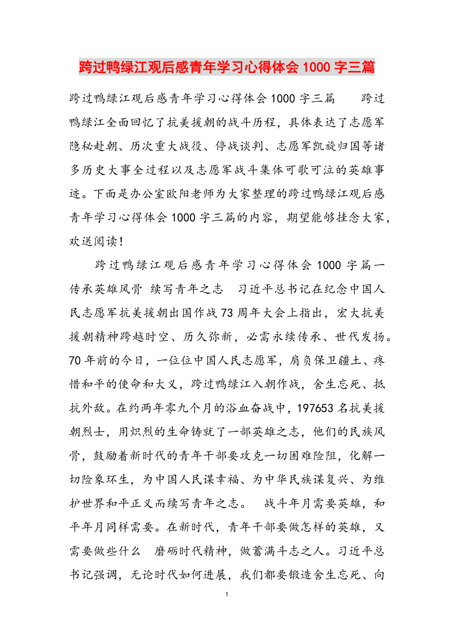 2023年《跨过鸭绿江》观后感青年学习心得体会1000字三篇.doc_第1页