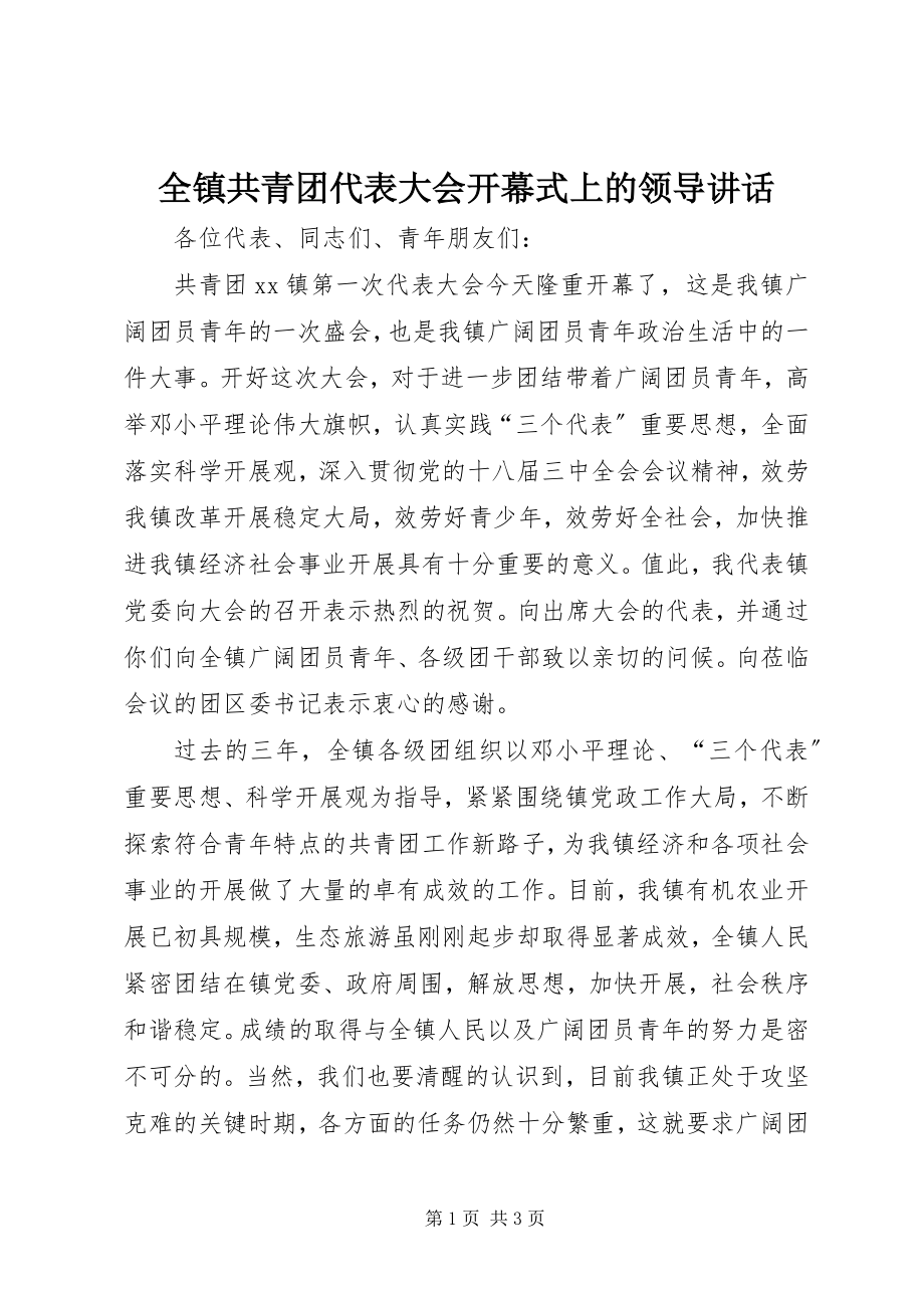 2023年全镇共青团代表大会开幕式上的领导致辞.docx_第1页