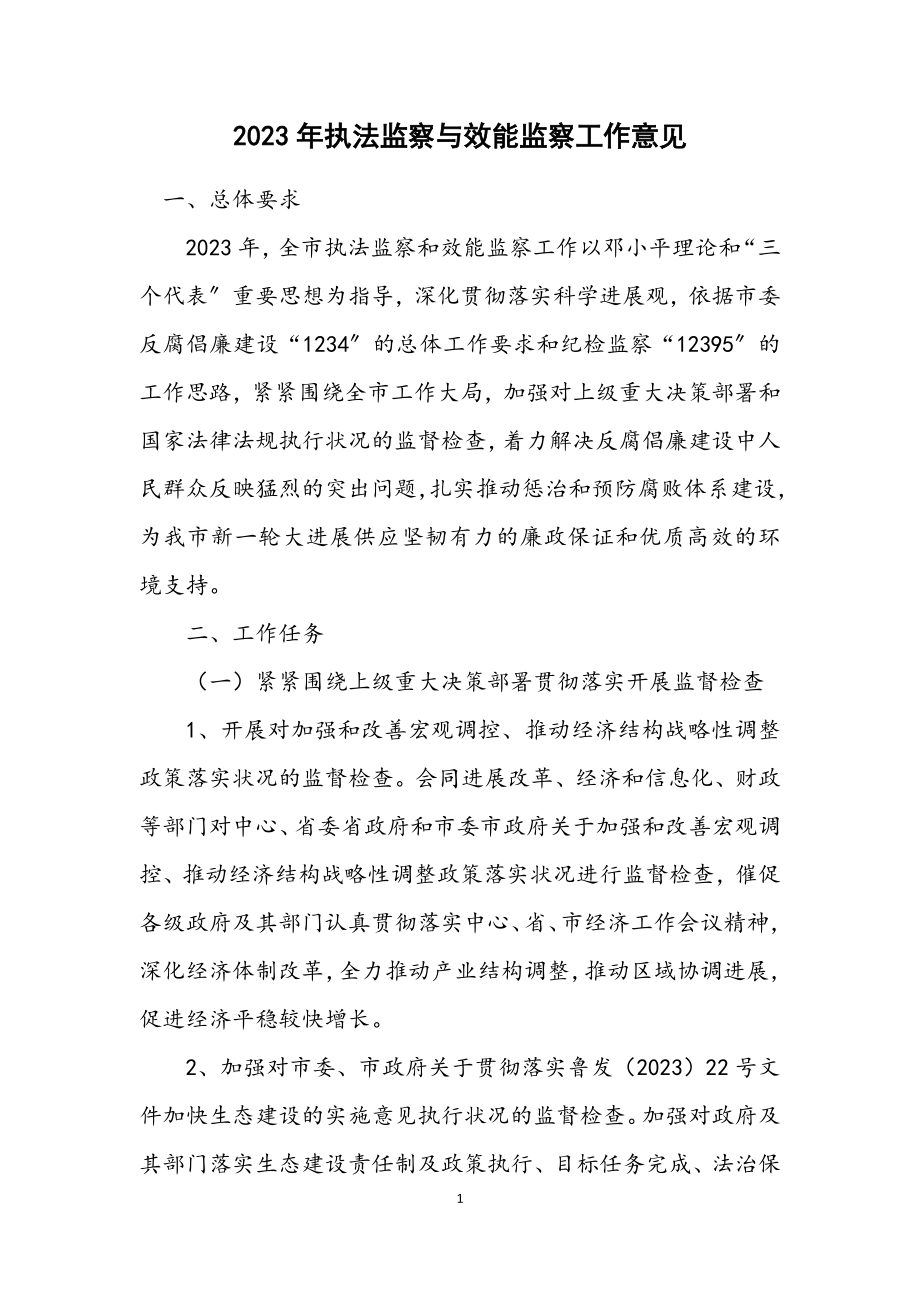 2023年执法监察与效能监察工作意见.docx_第1页