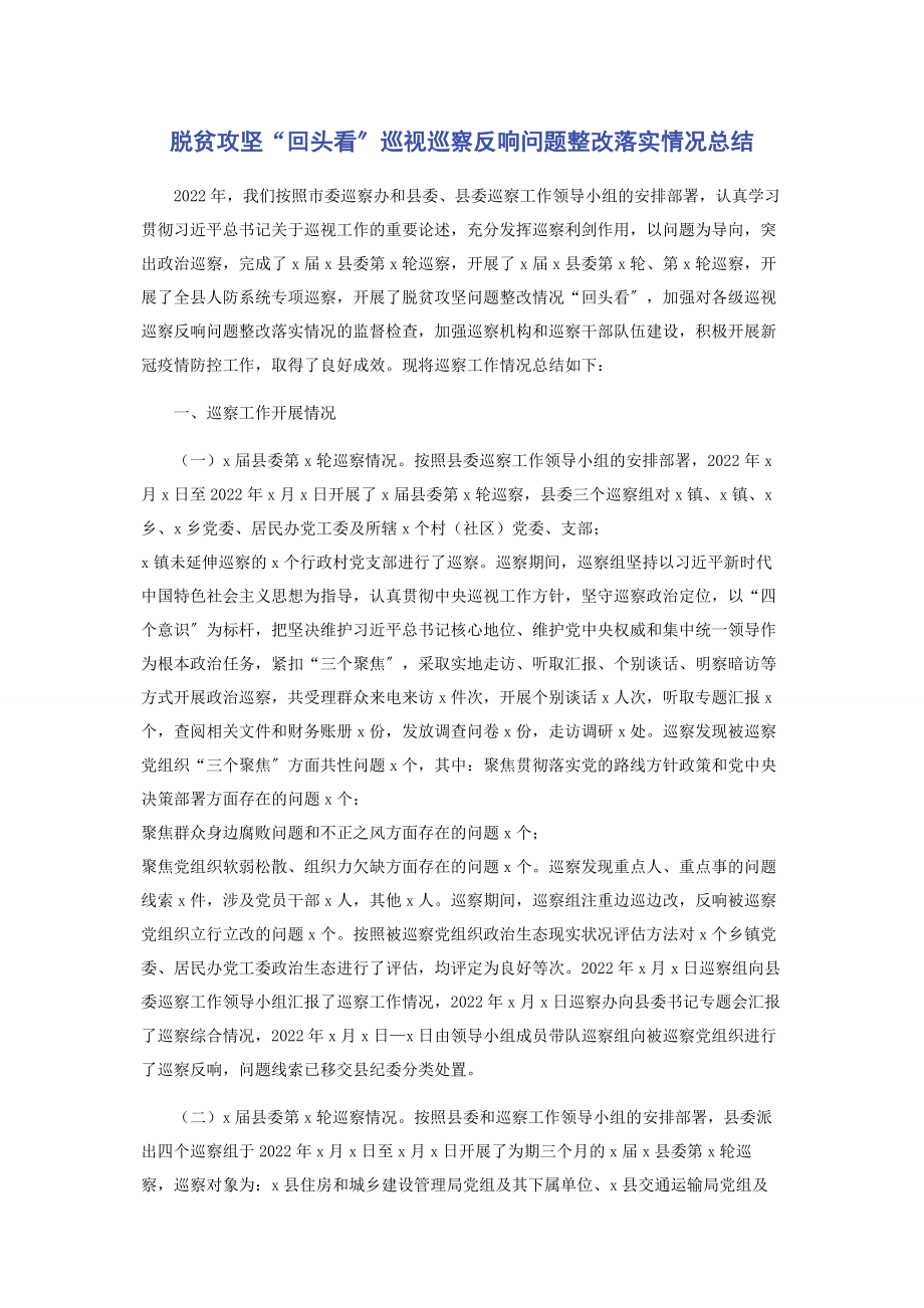 2023年脱贫攻坚“回头看”巡视巡察反馈问题整改落实情况总结.docx_第1页