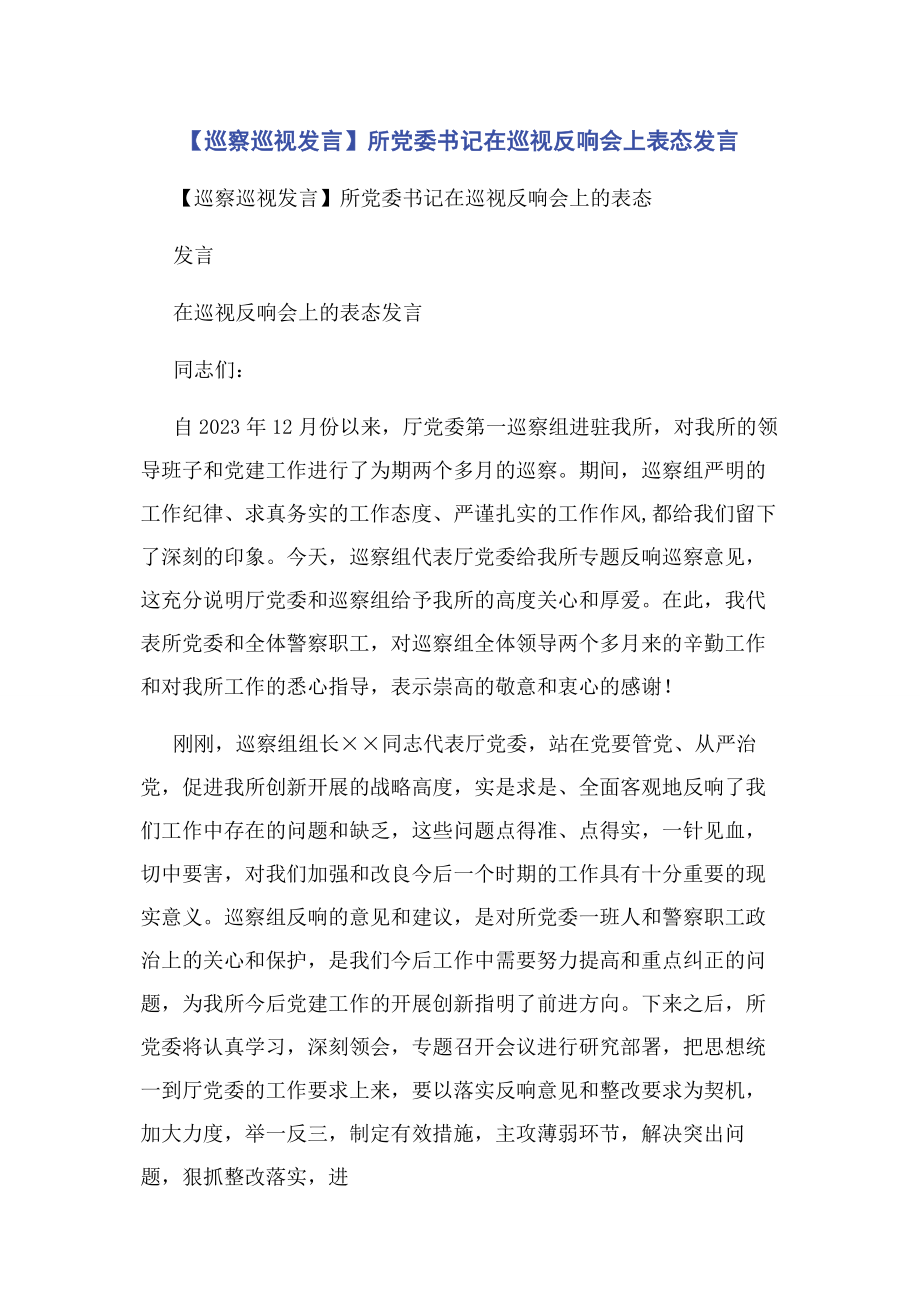 2023年巡察巡视发言所党委书记在巡视反馈会上表态发言.docx_第1页