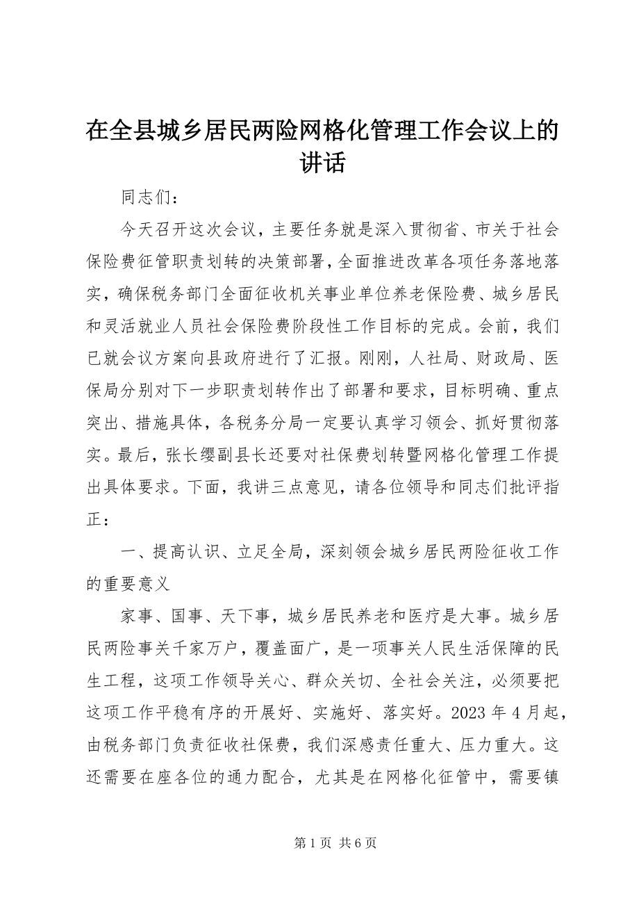 2023年在全县城乡居民两险网格化管理工作会议上的致辞.docx_第1页