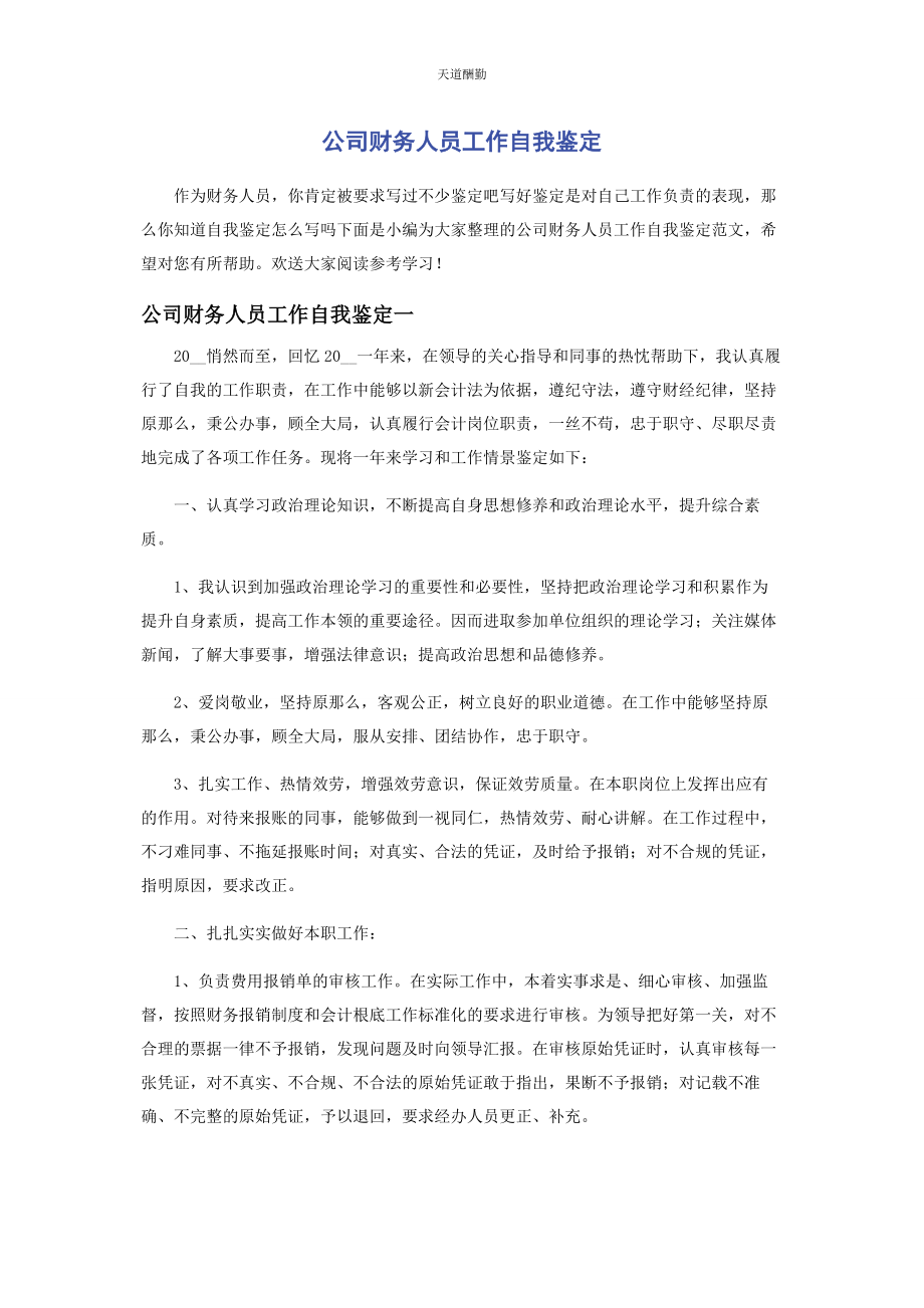 2023年公司财务人员工作自我鉴定.docx_第1页