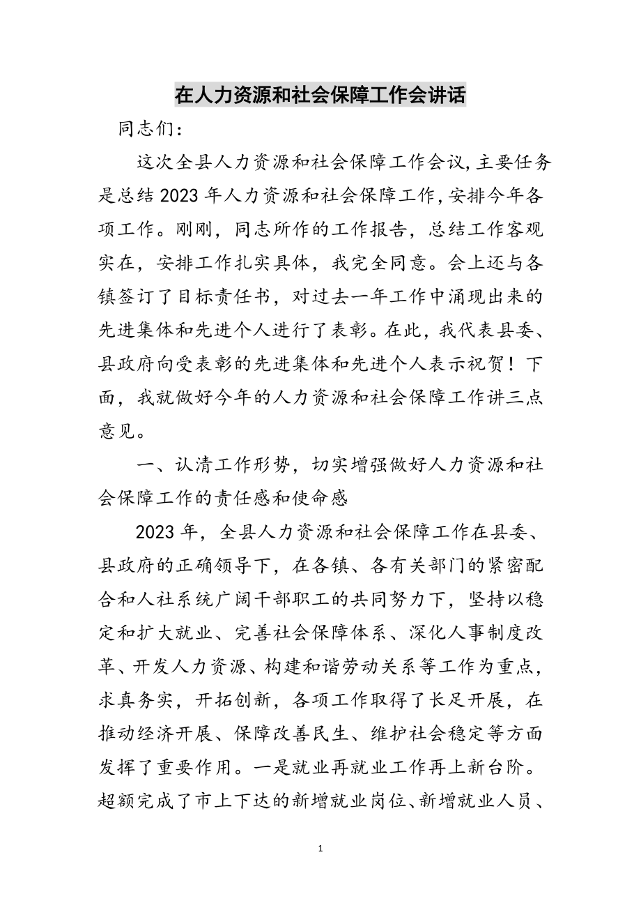 2023年在人力资源和社会保障工作会讲话范文.doc_第1页