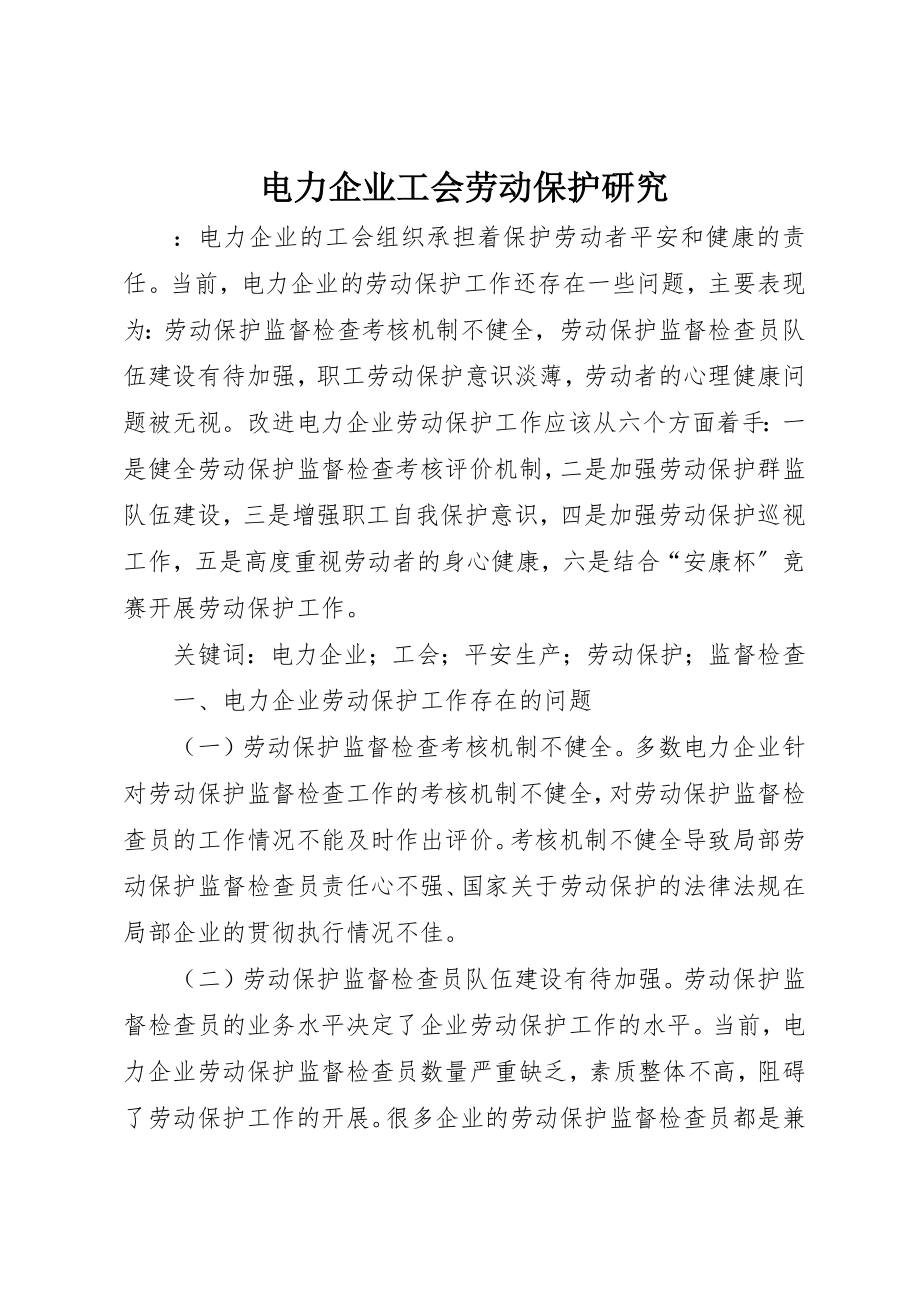 2023年电力企业工会劳动保护研究新编.docx_第1页