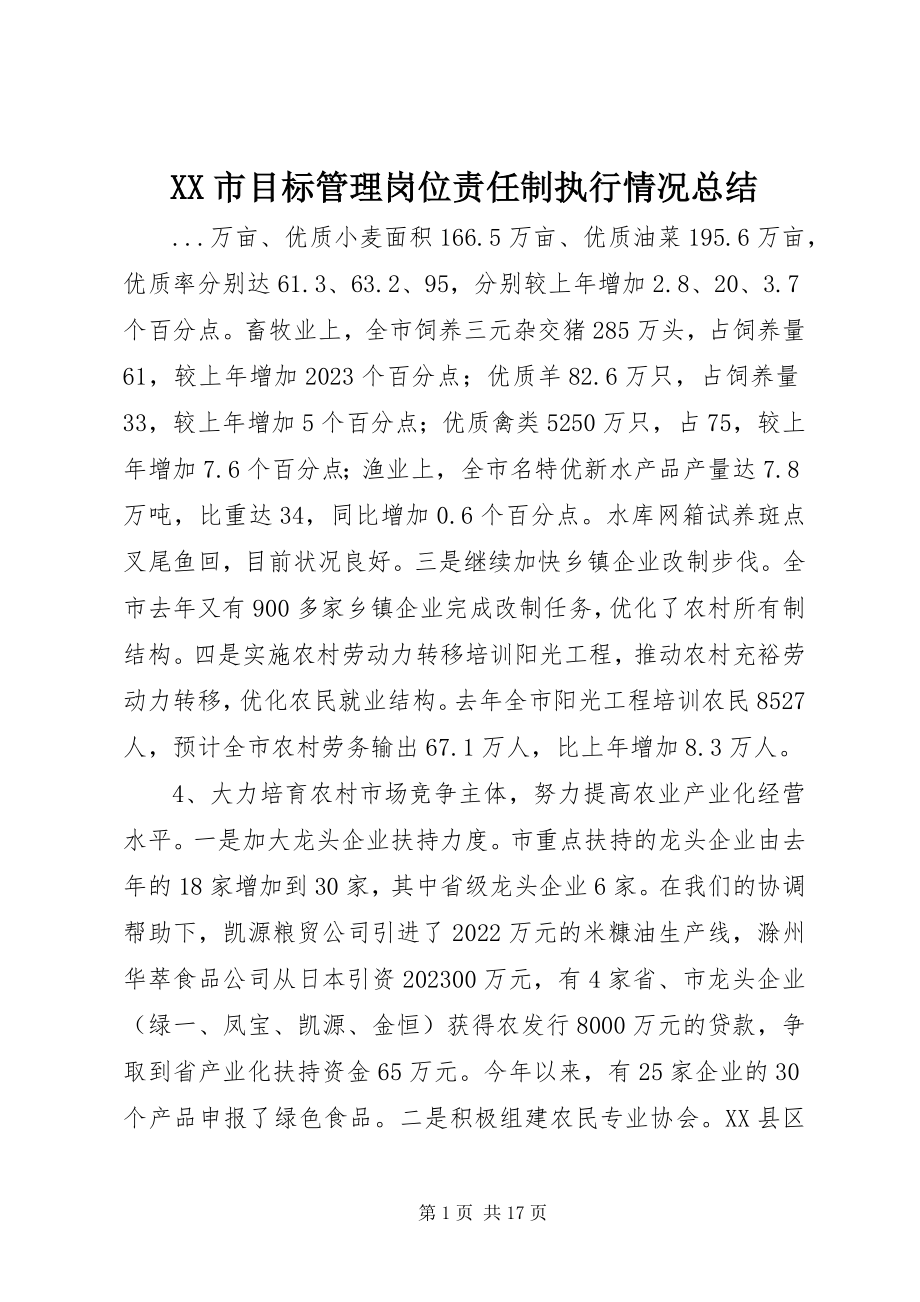 2023年XX市目标管理岗位责任制执行情况总结新编.docx_第1页