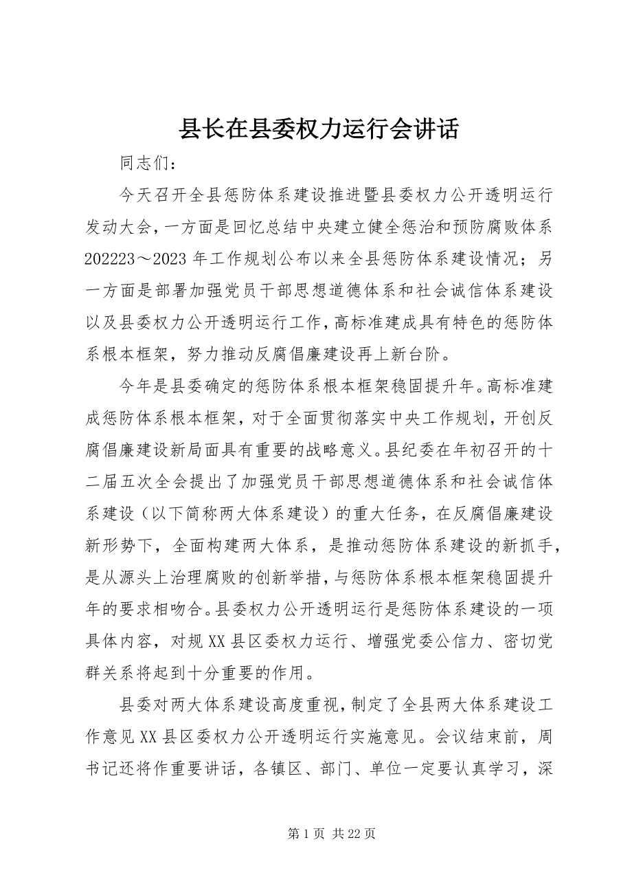 2023年县长在县委权力运行会致辞.docx_第1页