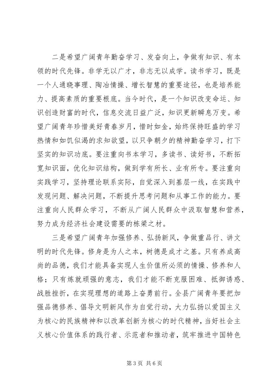 2023年县委宣传部长在纪念五四运动97周年表彰大会上的致辞.docx_第3页