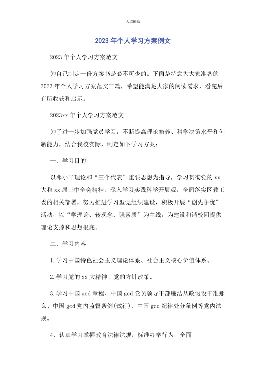 2023年个人学习计划例文.docx_第1页