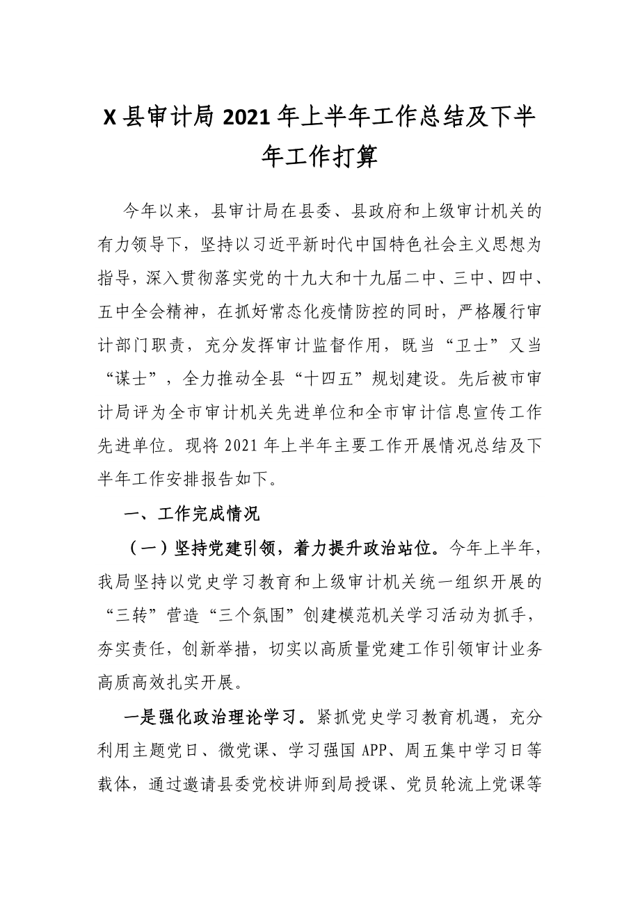 X县审计局2021年上半年工作总结及下半年工作打算.docx_第1页