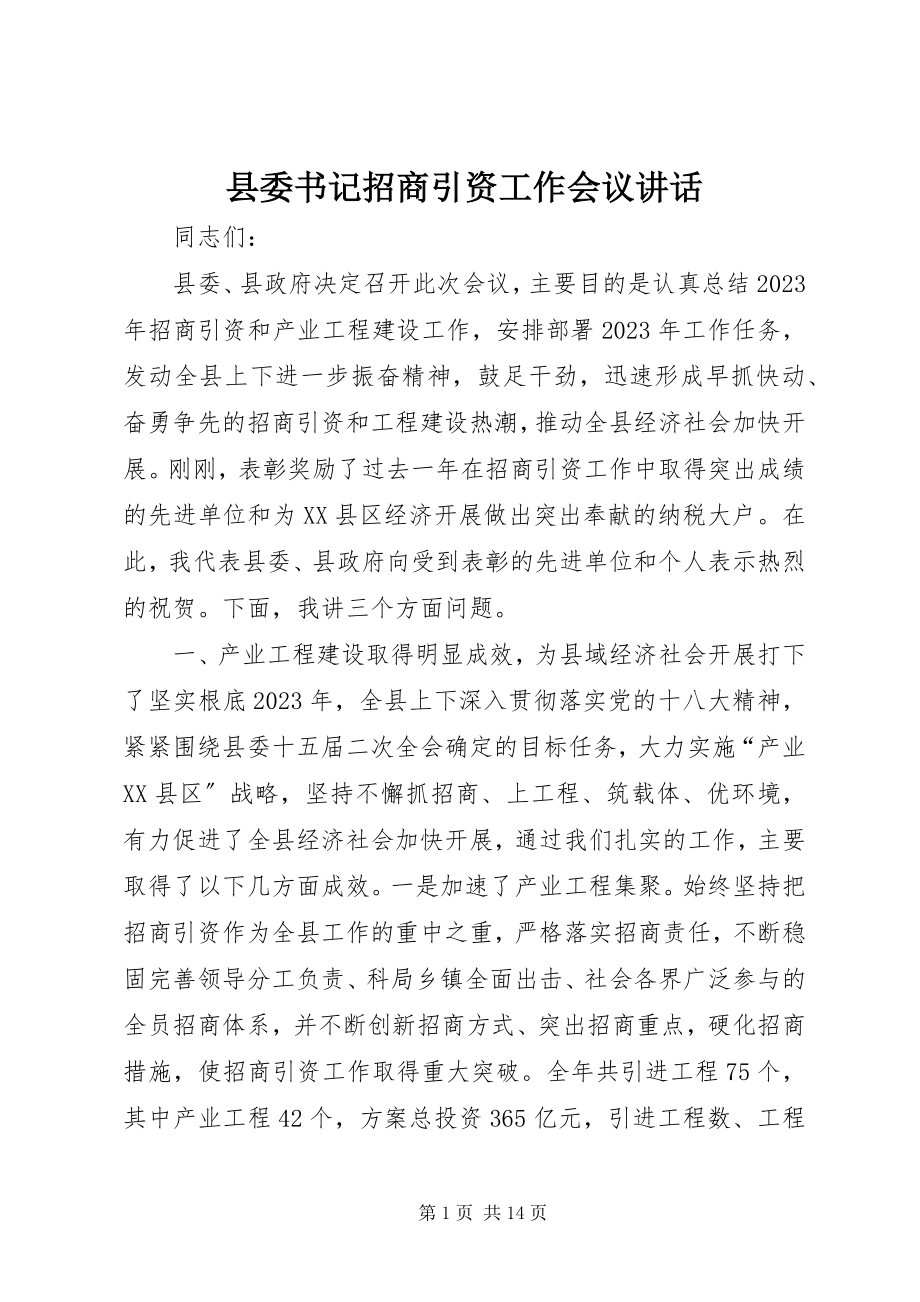 2023年县委书记招商引资工作会议致辞.docx_第1页