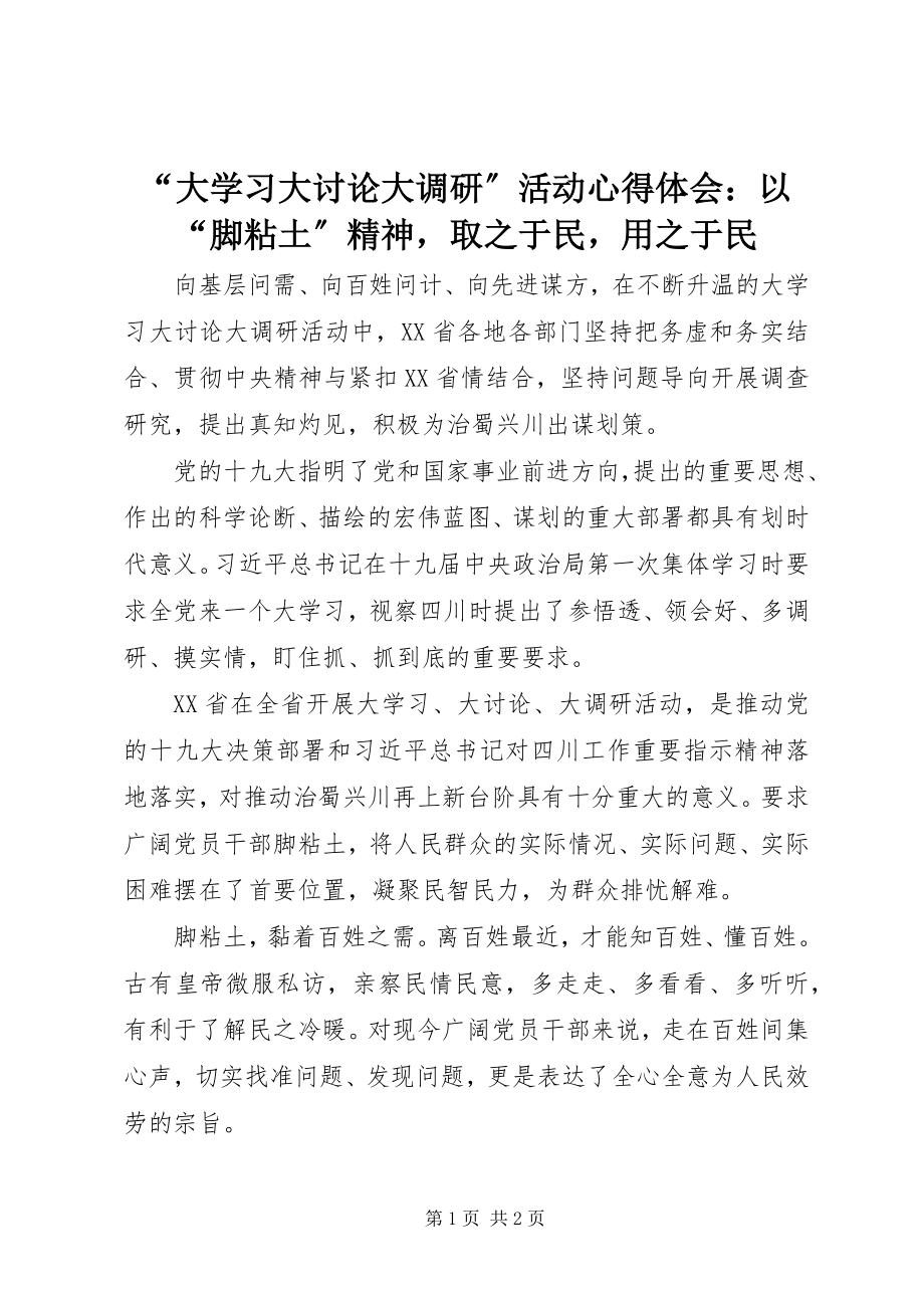 2023年“大学习大讨论大调研”活动心得体会以“脚粘土”精神取之于民用之于民新编.docx_第1页