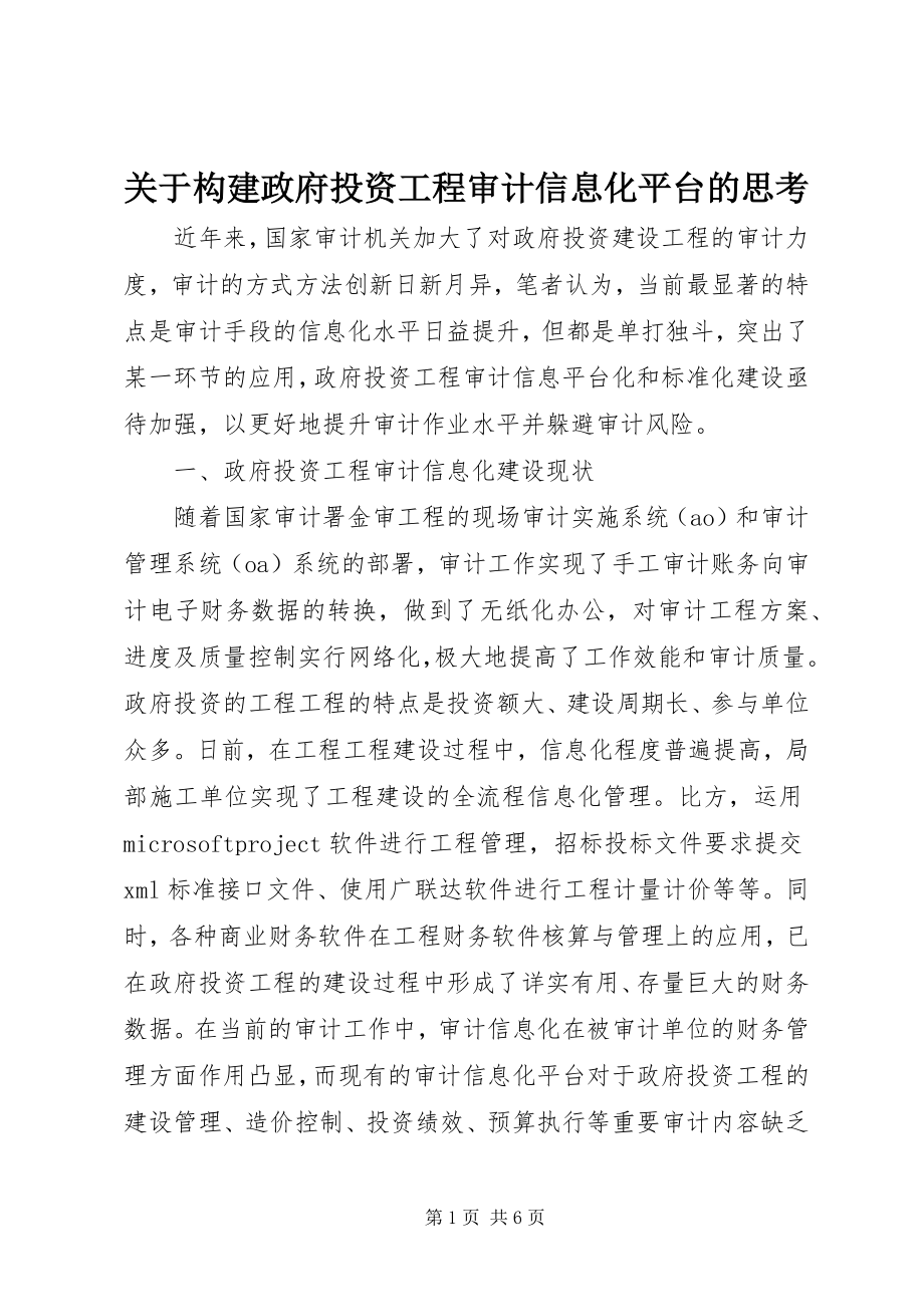 2023年构建政府投资项目审计信息化平台的思考.docx_第1页