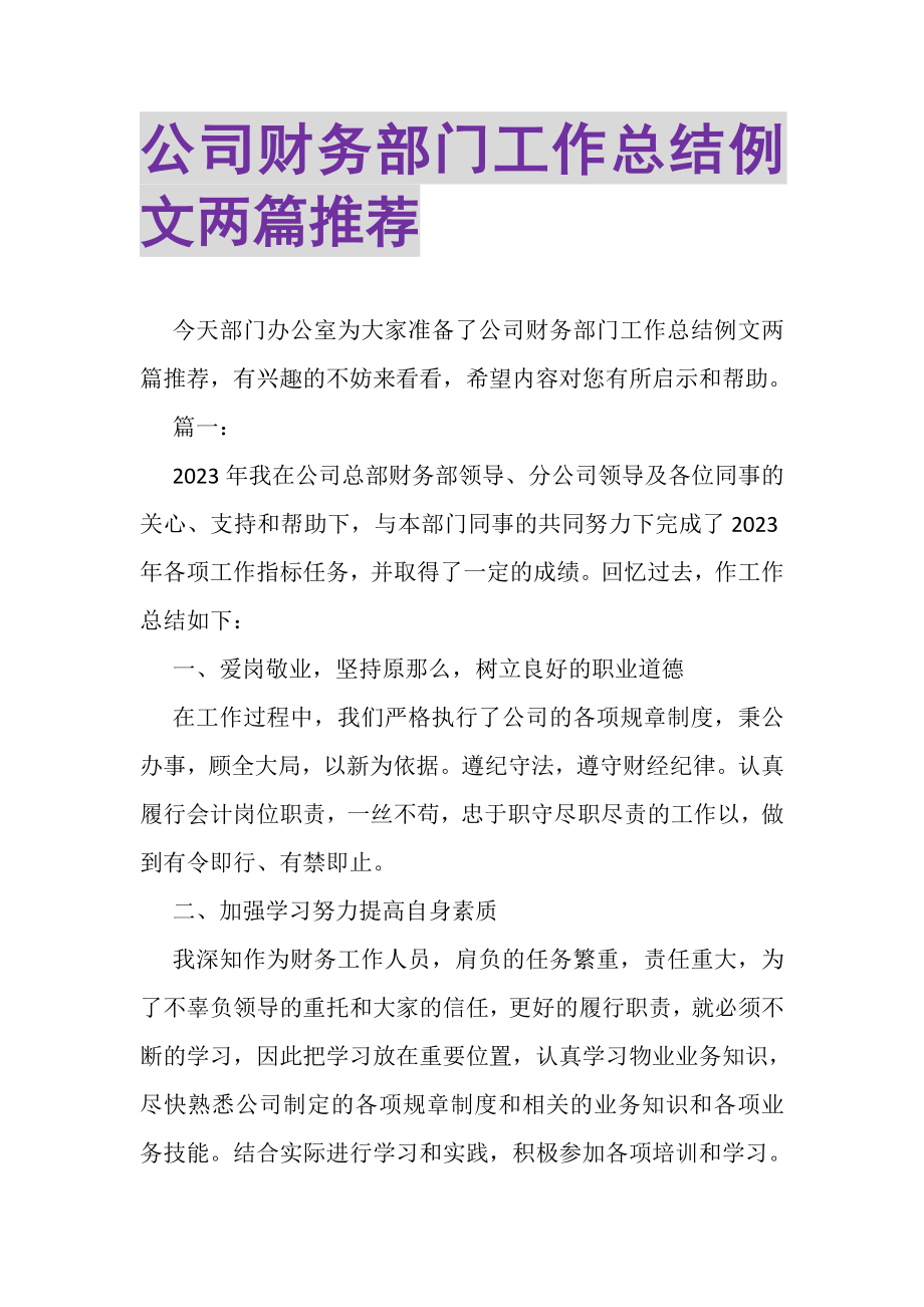 2023年公司财务部门工作总结例文两篇推荐.doc_第1页