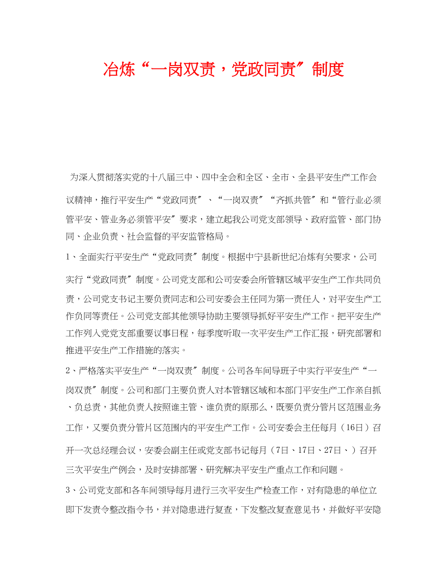 2023年《安全管理》之冶炼有限公司一岗双责党政同责制度.docx_第1页