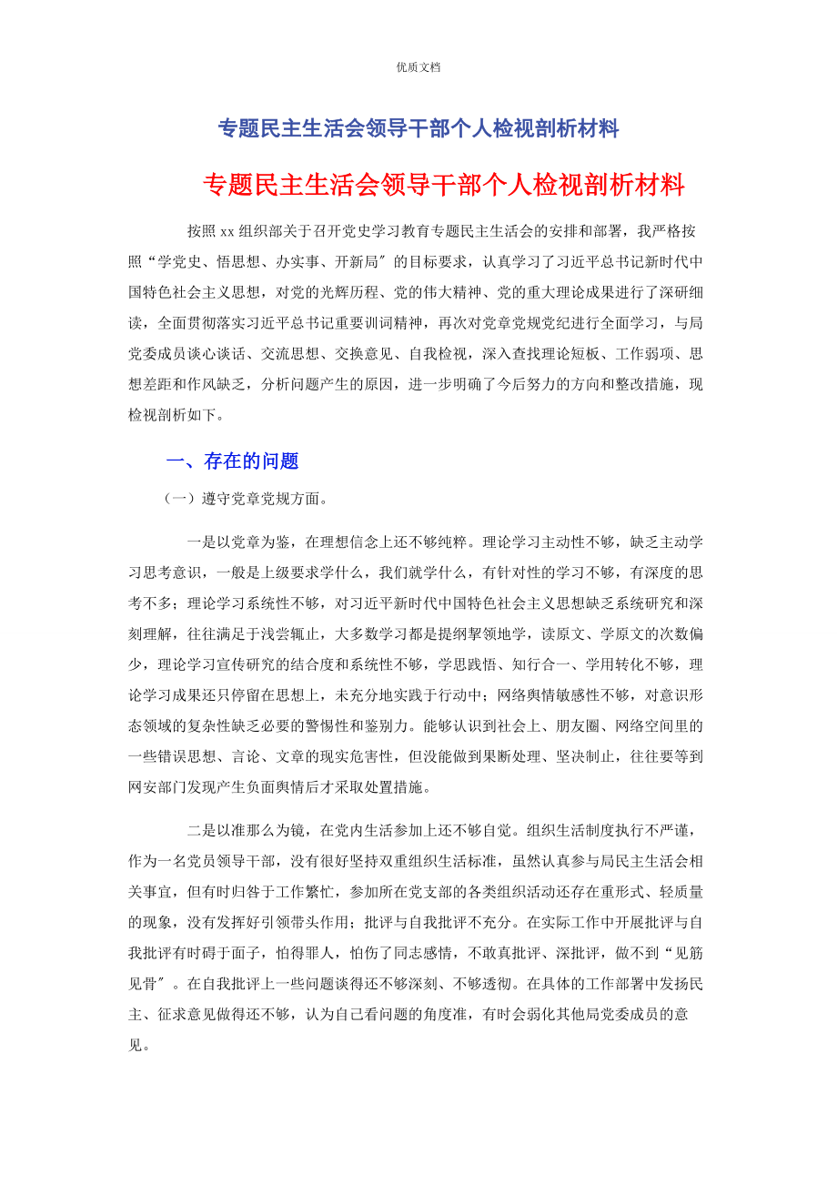 2023年专题民主生活会领导干部个人检视剖析.docx_第1页