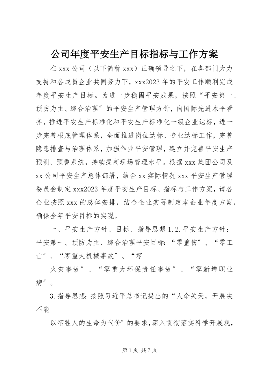 2023年公司年度安全生产目标指标与工作计划.docx_第1页