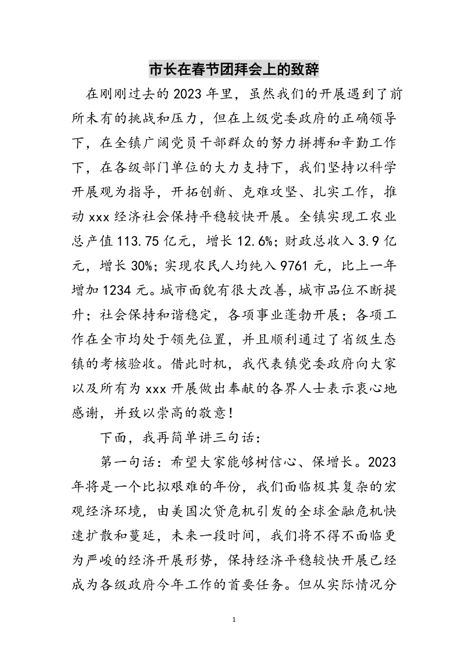 2023年市长在春节团拜会上的致辞范文.doc_第1页