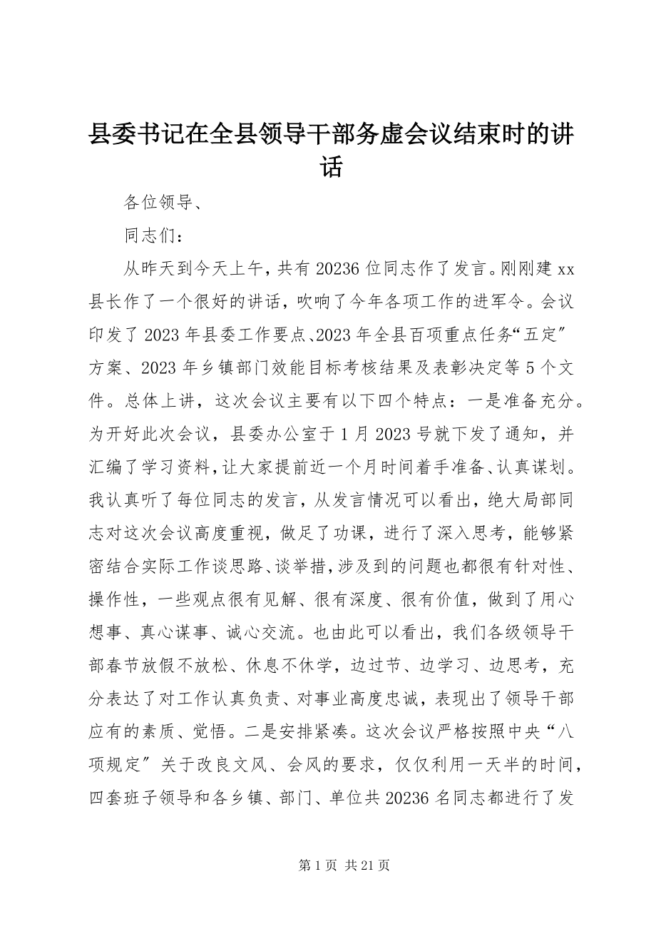 2023年县委书记在全县领导干部务虚会议结束时的致辞.docx_第1页