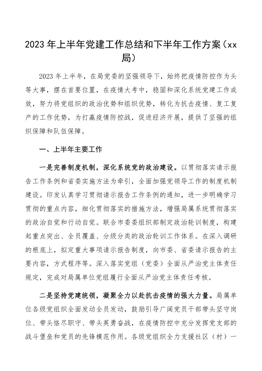 2023年上半年党建工作总结和下半年工作计划xx局.docx_第1页