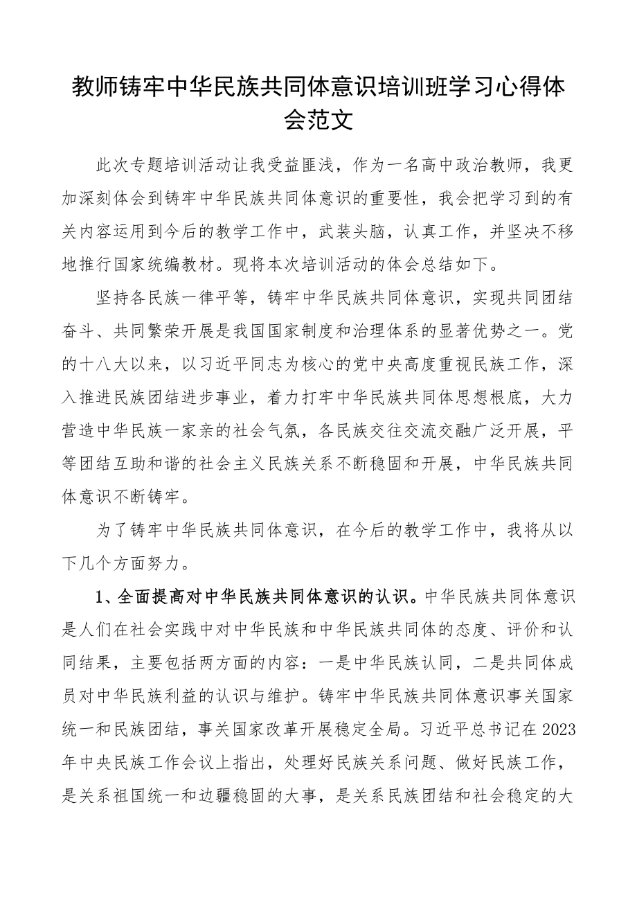 2023年培训心得教师铸牢中华民族共同体意识培训班学习心得体会研讨发言材料.doc_第1页