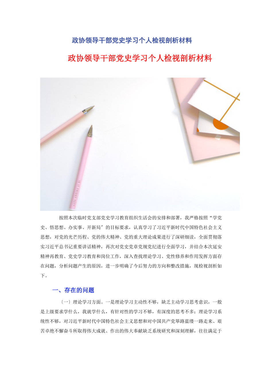 2023年政协领导干部党史学习个人检视剖析材料2.docx_第1页