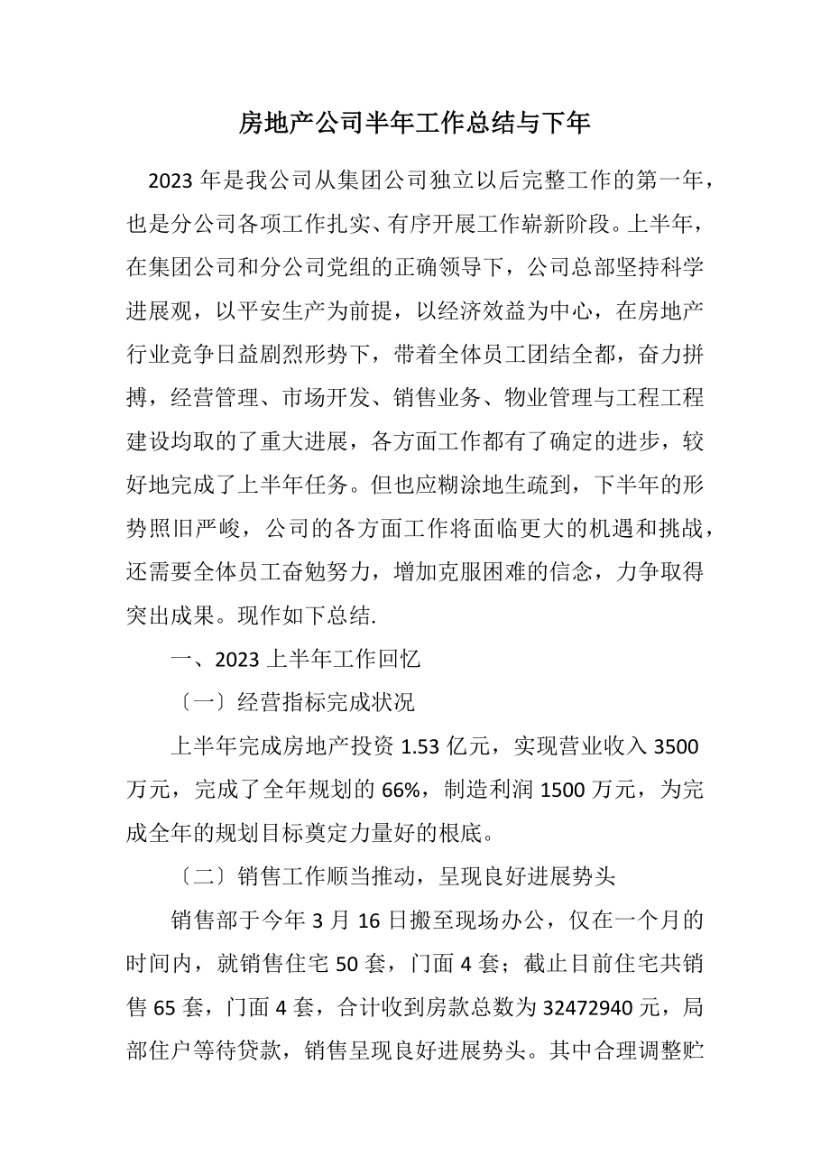 2023年房地产公司半年工作总结与下年计划.docx_第1页