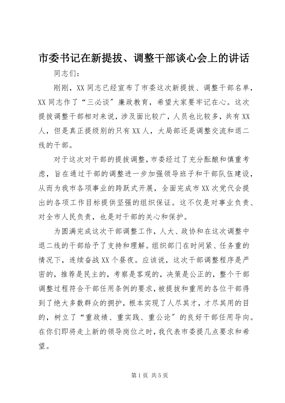 2023年市委书记在新提拔调整干部谈心会上的致辞.docx_第1页