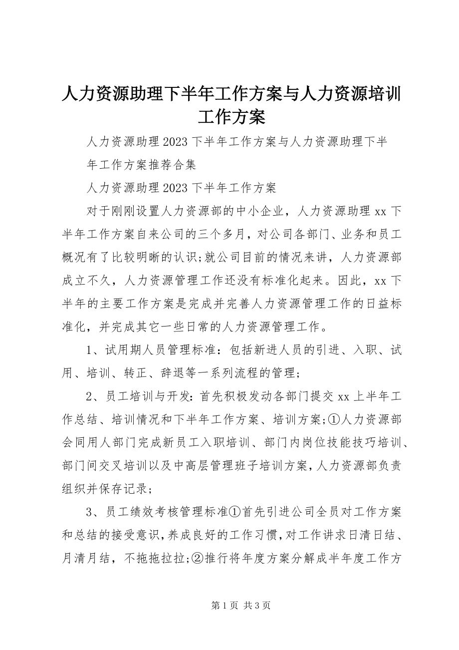 2023年人力资源助理下半年工作计划与人力资源培训工作计划.docx_第1页