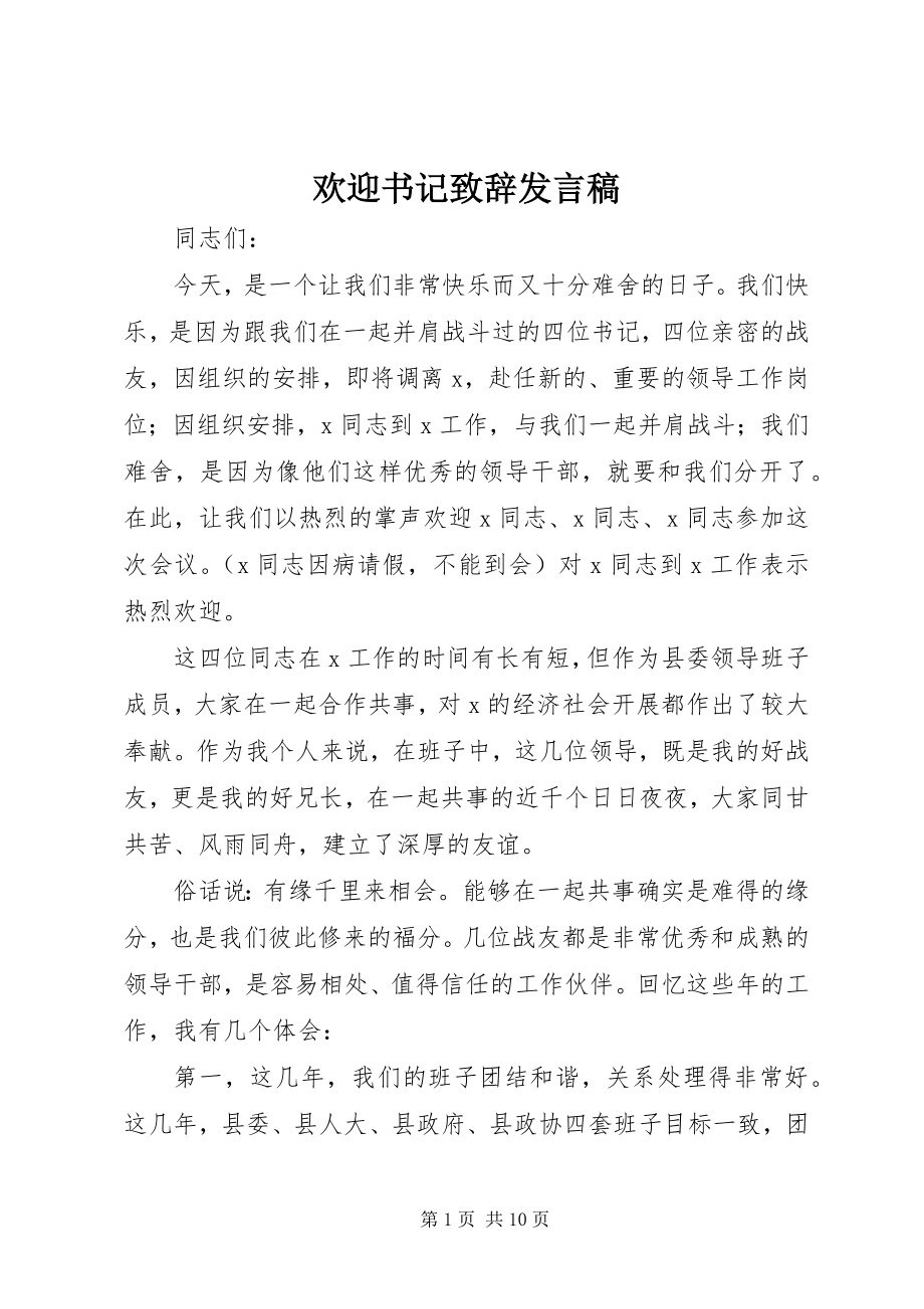 2023年欢送书记致辞讲话稿.docx_第1页