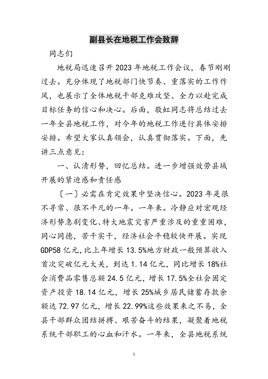 2023年副县长在地税工作会致辞范文.doc_第1页