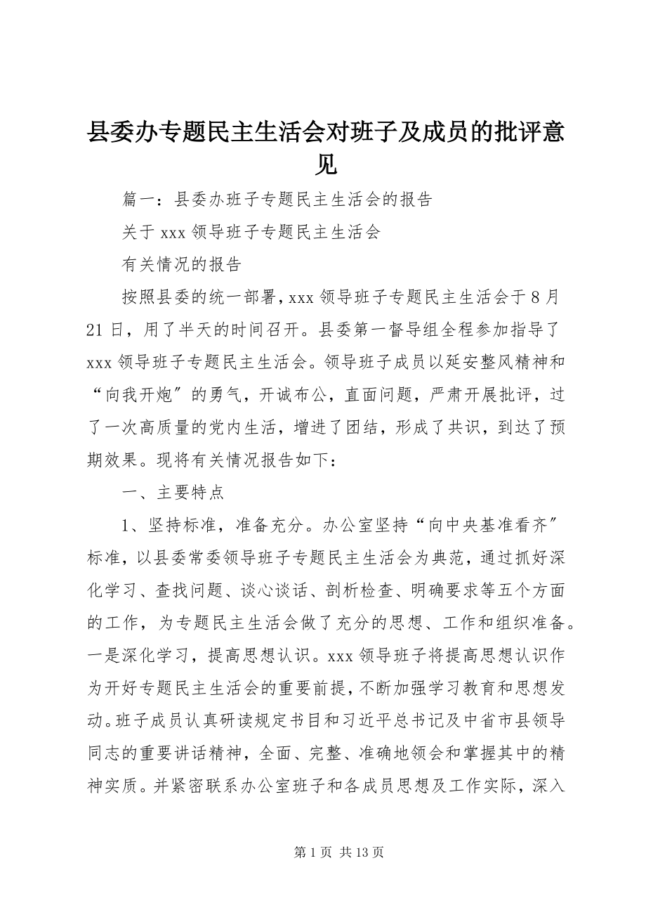 2023年县委办专题民主生活会对班子及成员的批评意见.docx_第1页