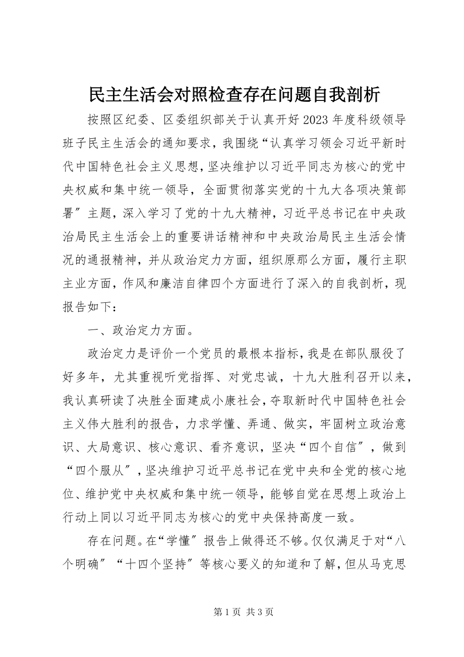 2023年民主生活会对照检查存在问题自我剖析.docx_第1页