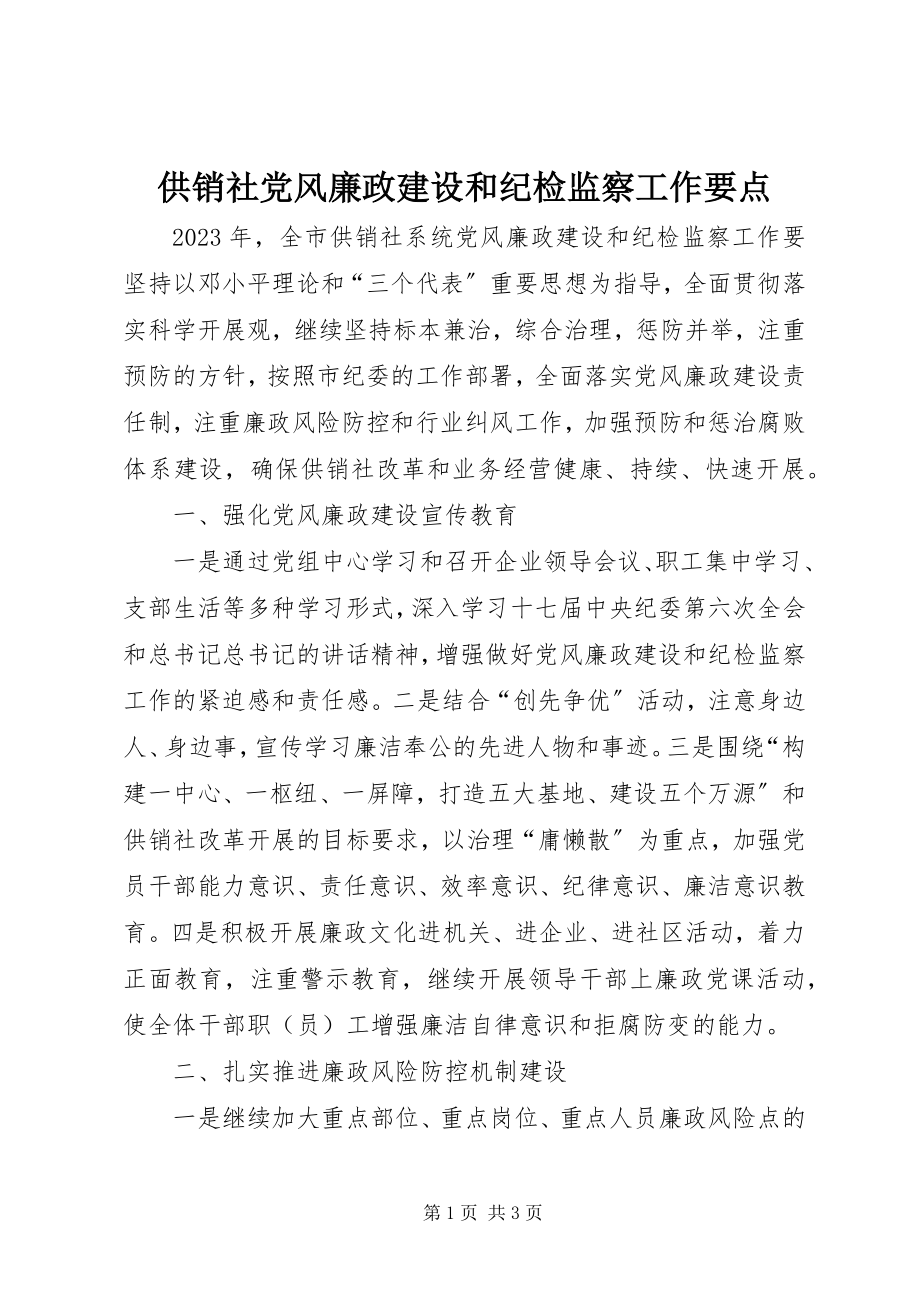 2023年供销社党风廉政建设和纪检监察工作要点.docx_第1页